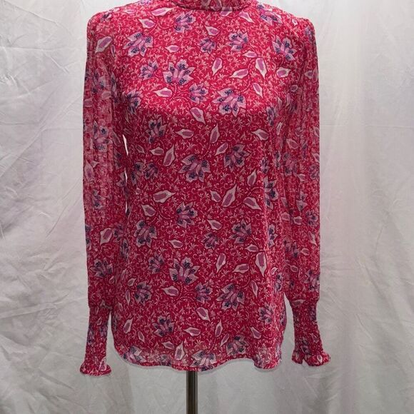 Joie red/pink floral shirt/top ruffle summer Sz M - Picture 2 of 11